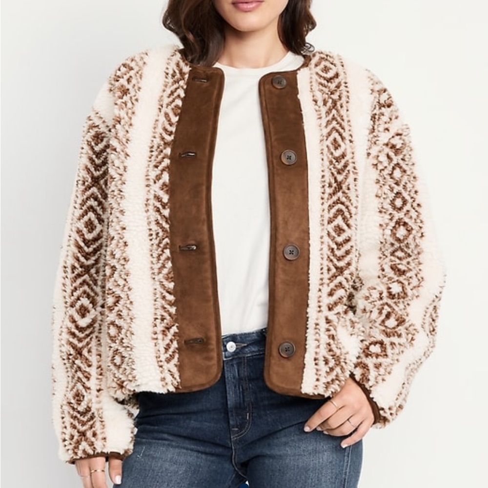 Old Navy Button-Front Brown and Cream Sherpa Jacket